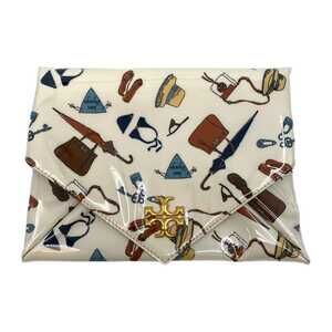 Tory Burch Cream Blue Leather Travel Print Envelope Clutch | Classic Style